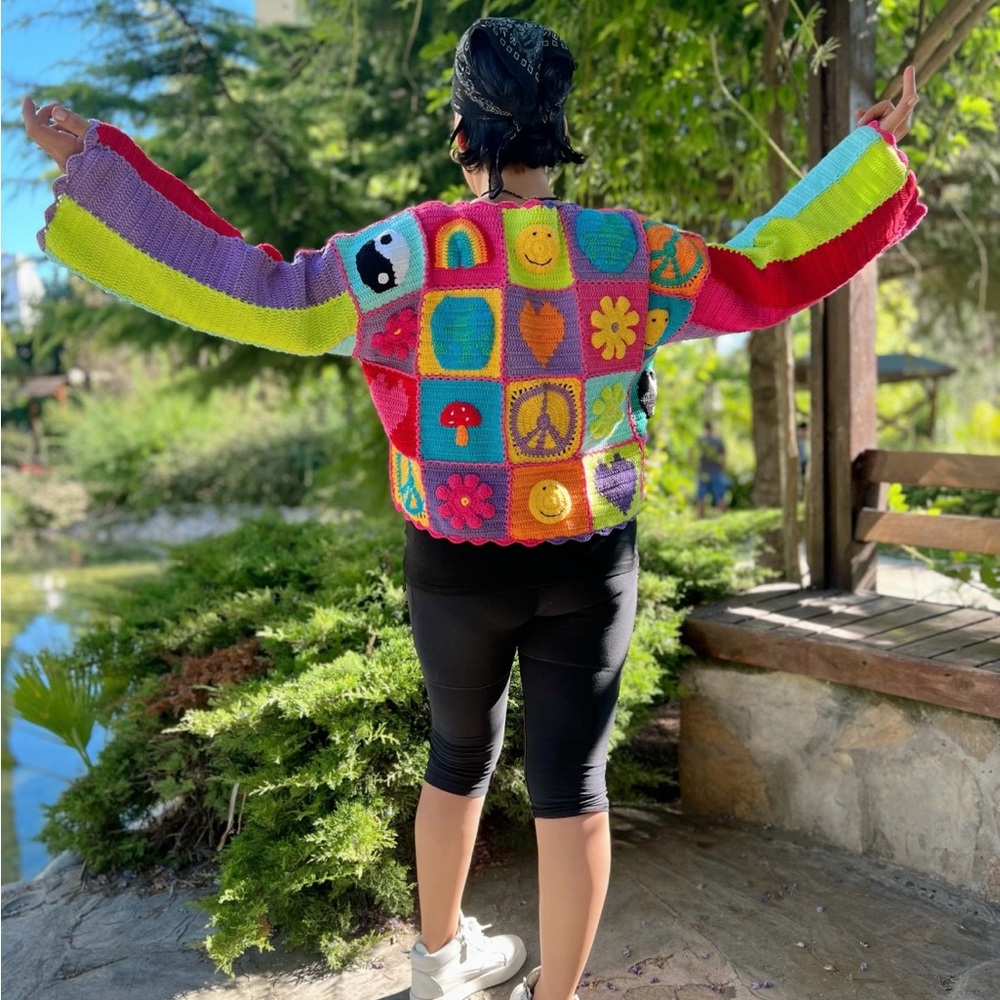 Rainbow Granny Square Colorful Patchwork Sweater - image 2